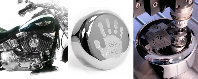 Custom engraved motorcycle horn cover.
